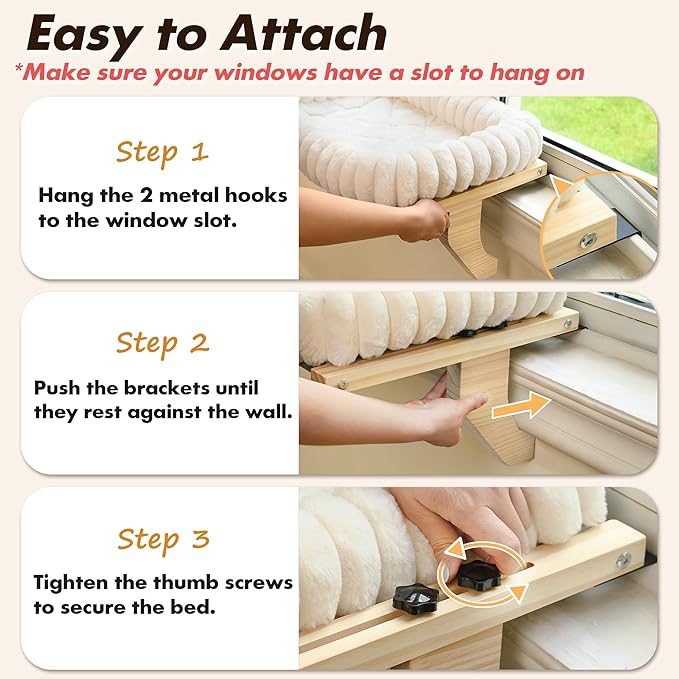 Cloud-Cuddle Cat Perch for Window Sill with Bolster, Natural Wood & Metal Frame Cat Window Seat for Large Cats, Easy to Adjust Zipper Cushion Pet Bed for Windowsill (Large)