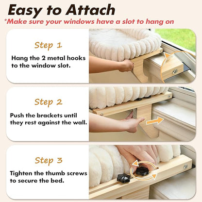 Cloud-Cuddle Cat Perch for Window Sill with Bolster, Natural Wood & Metal Frame Cat Window Seat for Large Cats, Easy to Adjust Zipper Cushion Pet Bed for Windowsill (Large)