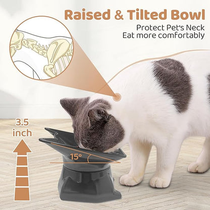 Small Elevated Slow Feeder Cat Bowl, Cute Tilted Elevated Bowls and Dishes for Cats & Small Dogs, Whisker Friendly, Anti Vomiting Raised Pet Bowl for Dry and Wet Food, Black