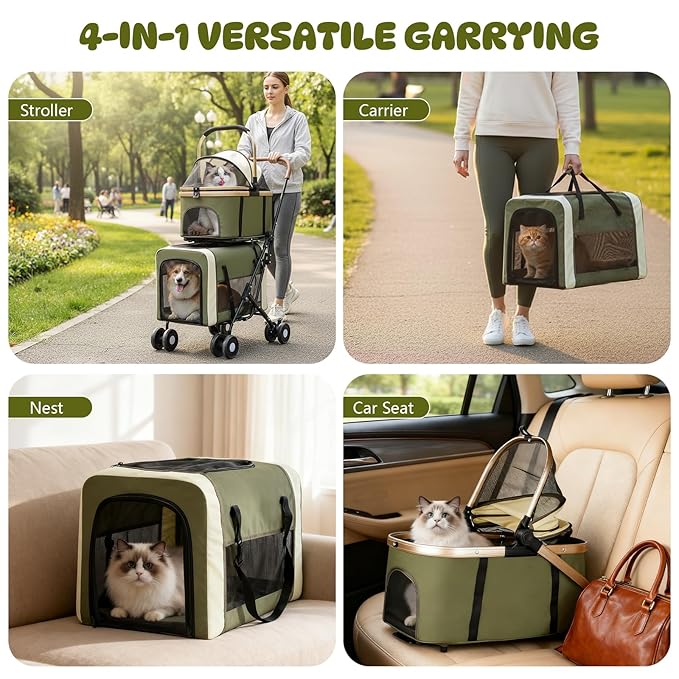 Double Pet Stroller for Dogs and Cats, One-Step Folding Dog Stroller Travel Carriage for Small Medium Dogs Cats, 2 Detachable Carrier Bags, 4 Lockable Wheels (Army Green)