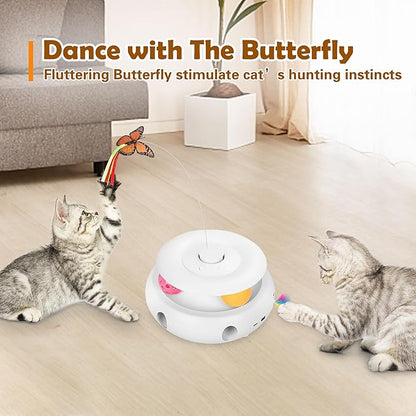 Cat Toys, 3-in-1 Interactive Cat Toy for Indoor Cats, Rechargeable Automatic Kitten Toy with Fluttering Butterfly, Moving Feather, Smart Sensor 6 Holes Whack-A-Mole & Track Balls (White)
