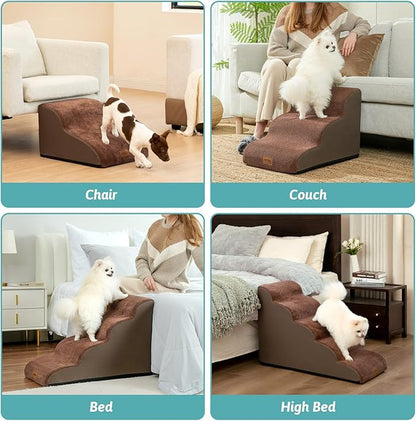 Wide Dog Stairs for Small Dog 15.7" H, Pet Step for Puppy, Older Cat, Curved Ramp for Couch, Durable Anti-Slip Ladder with High Density Foam, 3 Step, 17.7x22.4x15.7 inch, Brown