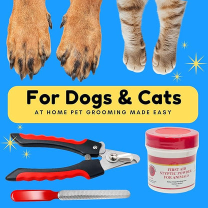 Pet Nail Care Kit – Dog & Cat Nail Clippers with Safety Guard, Non-Slip Grip, Nail File & 1oz Styptic Powder Quick Stop Bleeding Powder for Nail Clipping, Cuts & Grooming (1oz + Pet Trimmers, 1 oz)