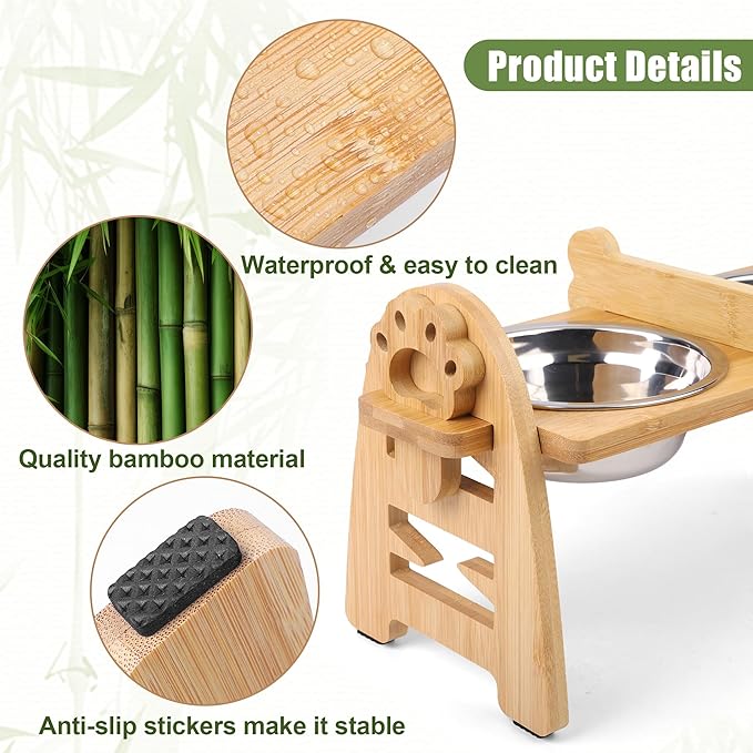 MCEAST Elevated Cat Bowls, Adjustable Raised Dog Bowls Stand with 2 Pieces 304 Stainless Steel Bowls, Bamboo Pet Elevated Bowl Cat Feeder for Newborn Cats Dogs Pets from 4.4 to 11 Pounds