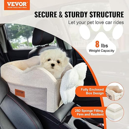 VEVOR Console Dog Car Seat, Center Console Dog Booster Seat for Small Dogs, Pet Bed for Car Armrest with Clip-On Leash, Adjustable Straps, Supports up to 8lbs, Light Brown