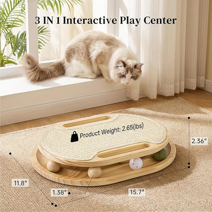 Cat Scratcher with Ball Track Toy, Large Sisal Scratch Pad for Indoor Adult Cats, Wooden Interactive Cat Puzzle Toys for Kitten Mental Stimulation Self Play Home Enrichment