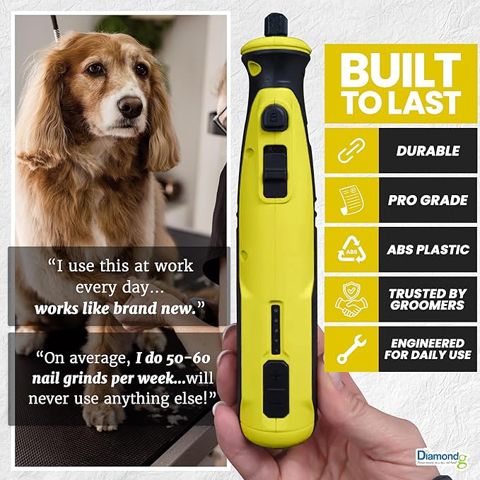 Diamondg Cordless Dog Nail Grinder with Quiet Sound & LED Tip for Large & Small Dogs, 4hrs. Runtime - Electric Dog Nail Trimmer, Heavy Duty Rotary Tool Alternative to Toenail Clippers & Filers