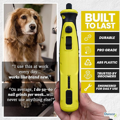 Diamondg Cordless Dog Nail Grinder with Quiet Sound & LED Tip for Large & Small Dogs, 4hrs. Runtime - Electric Dog Nail Trimmer, Heavy Duty Rotary Tool Alternative to Toenail Clippers & Filers