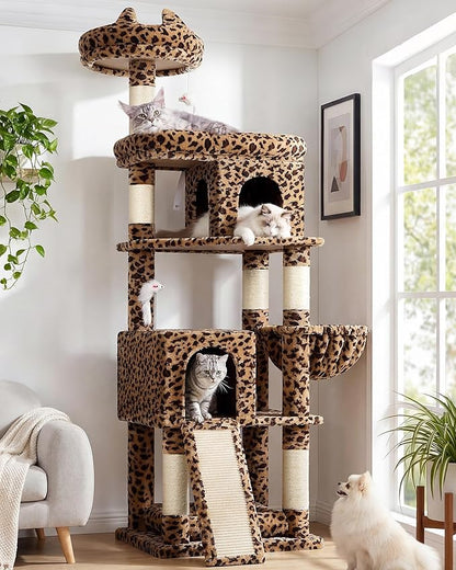 Globlazer Heavy Duty Cat Trees for Large Cats, Sturdy 72in Maine Coon Cat Tree for Large Cat 20 lbs+ Heavy Duty Cat Tower for Adult Biggest Cats with 6 Scratching Posts, Hammock, S72, Leopard Print