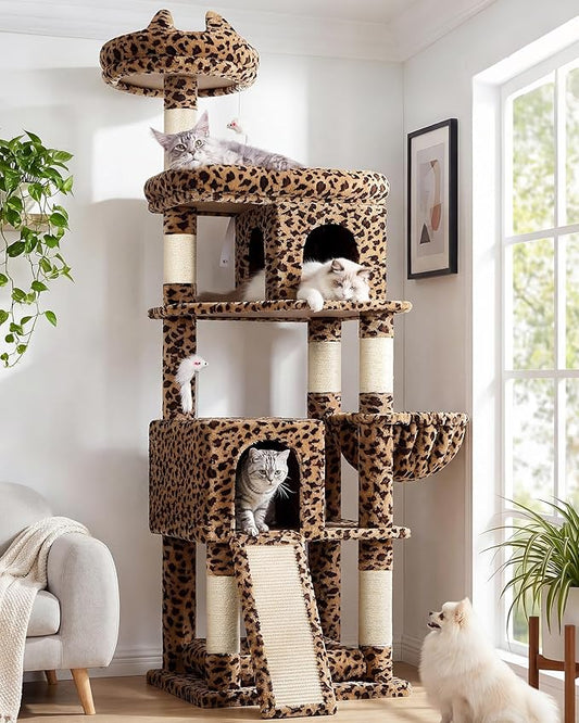 Globlazer Heavy Duty Cat Trees for Large Cats, Sturdy 72in Maine Coon Cat Tree for Large Cat 20 lbs+ Heavy Duty Cat Tower for Adult Biggest Cats with 6 Scratching Posts, Hammock, S72, Leopard Print