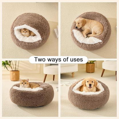 Calming Dog Beds & Cat Cave Bed with Hooded Cover,Removable Washable Round Beds for Small Medium Pets,Anti-Slip Faux Fur Fluffy Coved Bed for Improved Sleep,Fits up to 15/25 lbs(Khaki,M)