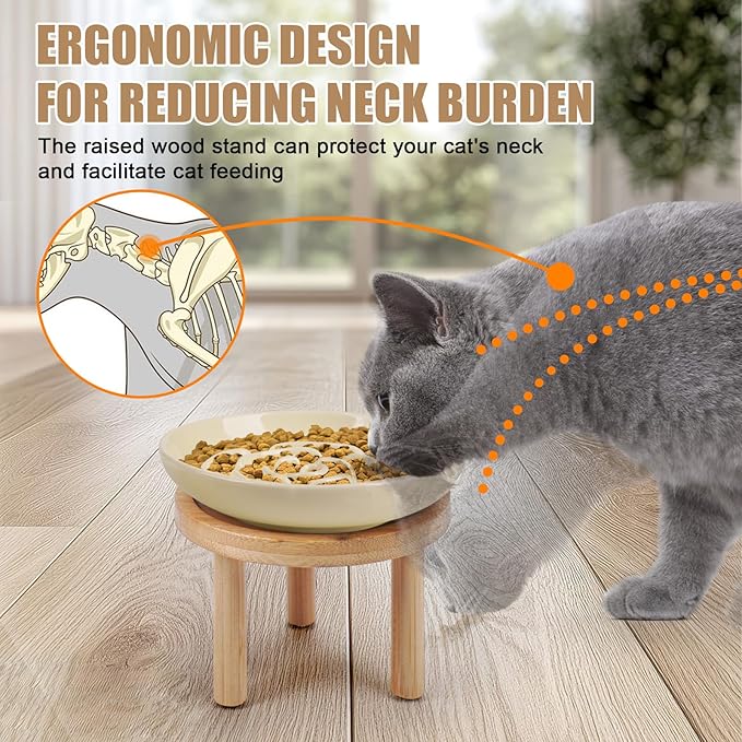 Elevated Slow Feeder Cat Bowls, Ceramic Cat Slow Feeder Bowl with Bamboo Stand, 5.9 Inch Wide Shallow Cats Bowl Whisker Friendly, Anti Vomiting Puzzle Feeder for Dry or Wet Food Dishwasher Safe