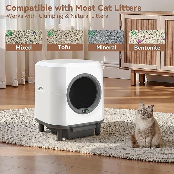 Self Cleaning Litter Box, Automatic Litter Box Self Cleaning 90L App-Controlled,Dual Safety Protection,1 Rolls Garbage Bags,White