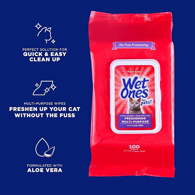 Wet Ones for Pets Freshening Multipurpose Wipes for Cats with Aloe Vera, Fresh Scent - Easy to Use Cat Cleaning Wipes for Pet Grooming, 100 Count - 12 Pack