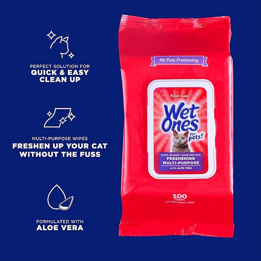 Wet Ones for Pets Freshening Multipurpose Wipes for Cats with Aloe Vera, Fresh Scent - Easy to Use Cat Cleaning Wipes for Pet Grooming, 100 Count - 12 Pack