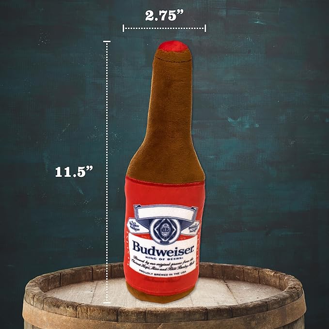 design LAB, Inc. Budweiser Beer Dog Toy | Plush Beer Bottle with Squeaker for Dogs | 12 inch Medium Interactive Dog Toys for Chewing, Fetch, and Fun