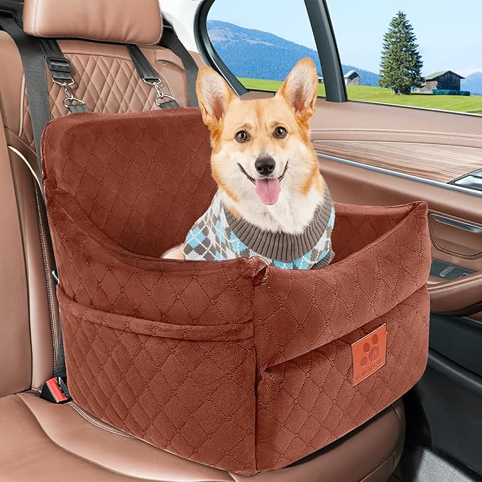GL GLENSLAVE Dog Car Seat for Small/Medium Dogs, Dog Booster Car Seats with Thick Cushion for Dogs Under 35 lbs, Detachable Washable Pet Carseat with Storage Pockets, 2 Safety Belts(Brown)