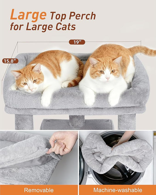 Cat Tree for Large Cat, 19 * 15.8in Large Perch Bed for Adult Cats, 23.6in Cat Tower with Scrathing Post, Cat Condo with 2-Door for Indoor Cats, Light Gray