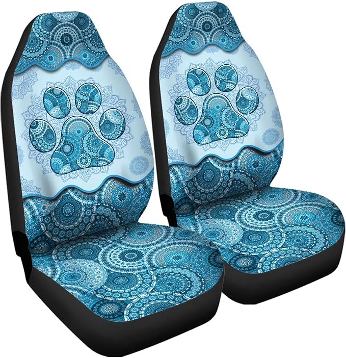 Blue Boho Paw Mandala Foral Printed Car Seat Cover Only for Front, 2-Piece Waterproof Soft Vehicle Bucket Seat Protetors Fits for Car SUV Sedan Truck
