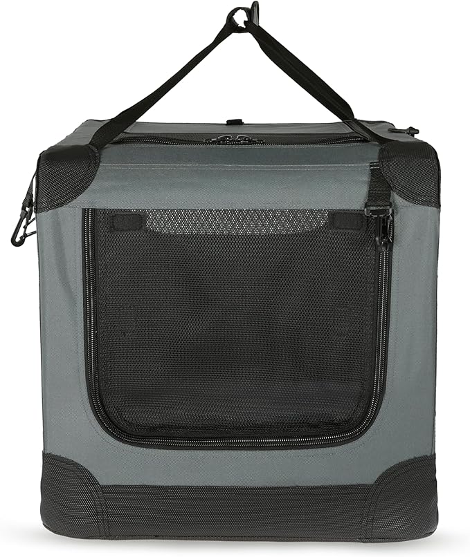 Amazon Basics 4-Door Portable Folding Soft Dog Crate, Collapsible Travel Kennel for Cat, Dog, and Other Small Animals, Pop Up with Easy Transportation, Grey, M 30" x 21" x 21"