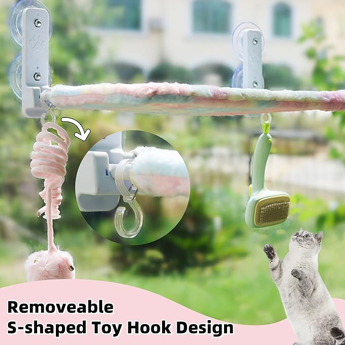 Foldable Cat Window Perch, Sturdy Cat Hammock with Strong Suction Cups for Large Cats, Cordless, Gradient Color Shiny Fabric, Cute Pet Seat Bed for Cats Indoor with Movable Toy Hooks (Large)