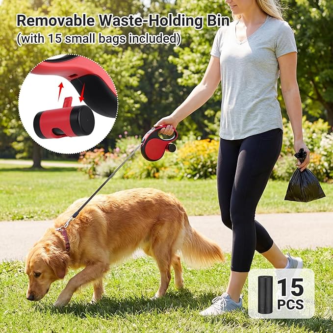 Segarty 16 Ft Retractable Leash with Waste Bag Dispenser, 5m Dog Leash Anti-Slip Handle and 360°Tangle-Free Retraction for Pets up to 66 lbs, Dogs Walking Accessories with One-Handed Brake Pause Lock