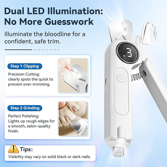 2-in-1 Dog Nail Clippers & Grinder with Light, Quiet Electric Pet Nail Trimmer for Large Medium Small Dogs & Cats, 3 Speeds, Rechargeable, Splash Guard & Safety Lock, Painless Grooming Tool (White)