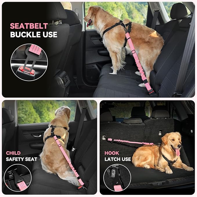 Pawaboo Dog Car Seat Belt– Reflective & Adjustable Dogs Cars Harness Leash with 360° Lockable Buckle, Shockproof Dogs Tether Bungee for Safe Travel, Pink
