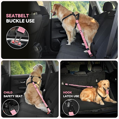 Pawaboo Dog Car Seat Belt– Reflective & Adjustable Dogs Cars Harness Leash with 360° Lockable Buckle, Shockproof Dogs Tether Bungee for Safe Travel, Pink