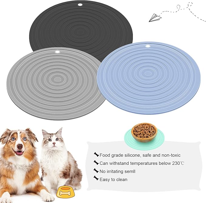 3 Pieces Silicone Pet Food Mat Feeding Mat for Dog and Cat Bowl Placemat Preventing Food and Water Overflow Suitable for Medium and Small Pet(9.5 Inch,Blue, Gray, Black)