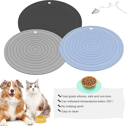 3 Pieces Silicone Pet Food Mat Feeding Mat for Dog and Cat Bowl Placemat Preventing Food and Water Overflow Suitable for Medium and Small Pet(9.5 Inch,Blue, Gray, Black)