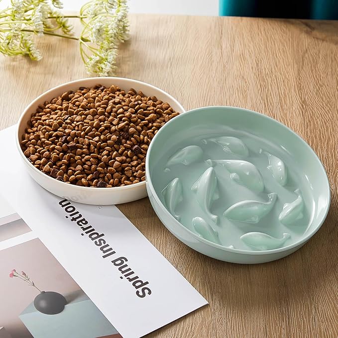Nitial 2 Pcs Cat Slow Feeder Bowl Fish Pool Design Feeder Dish Fun Interactive Cat Food Bowl Healthy Eating Diet Bowls for Pet Puppy Dogs Dishwasher Safe(White, Green)