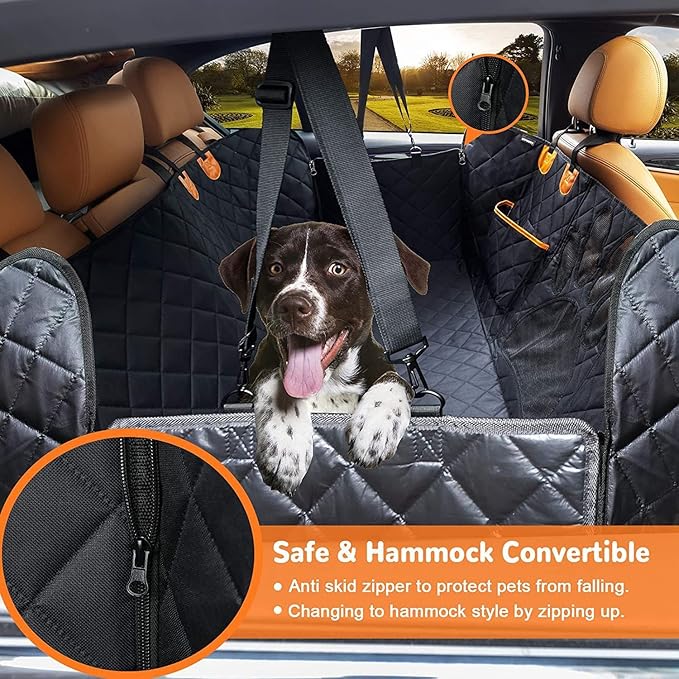 Dog Car Back Seat Cover with Mesh Window 100% Waterproof Nonslip Pet Seat Cover 600D Heavy Duty Scratch Durable Soft Hammock with Side Cover for Car SUV Black&Orange