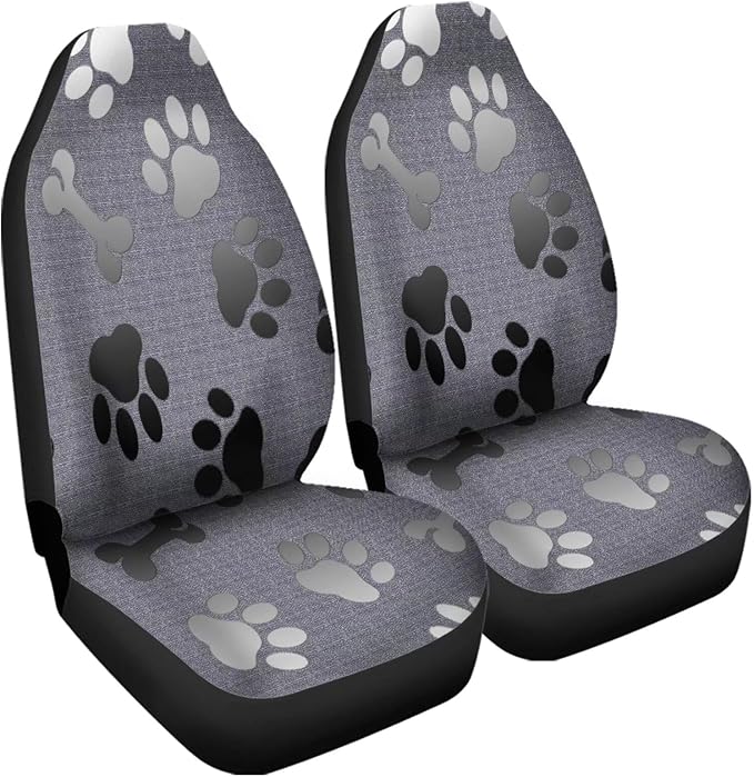 Grey Black Dog Paw Bones Printed Car Seat Cover only for Front, Waterproof Soft Universal Bucket Seats Cover Protector Fit Most Vehicles
