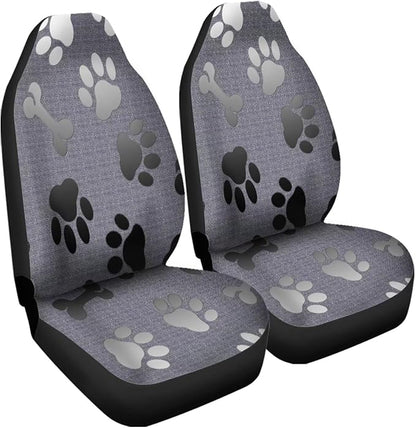 Grey Black Dog Paw Bones Printed Car Seat Cover only for Front, Waterproof Soft Universal Bucket Seats Cover Protector Fit Most Vehicles