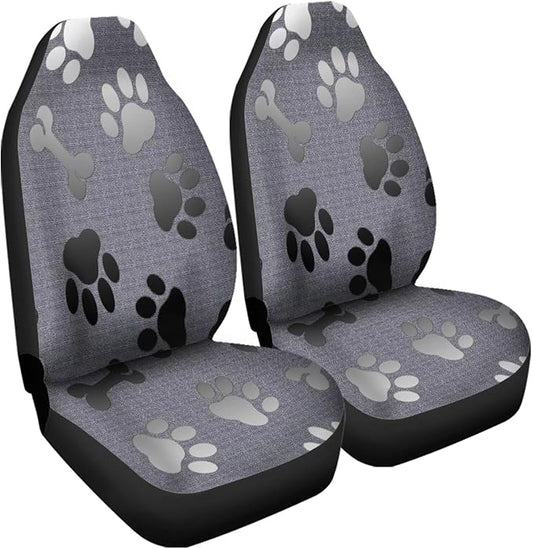 Grey Black Dog Paw Bones Printed Car Seat Cover only for Front, Waterproof Soft Universal Bucket Seats Cover Protector Fit Most Vehicles