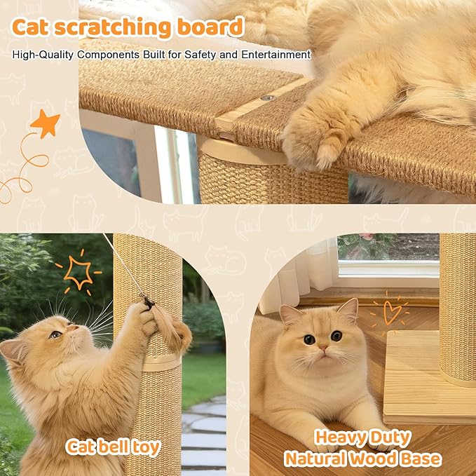 54.3" Cat Window Perch with 3 Adjustable Roman Column Sisal Posts, White Rabbit Fleece Cushions, Drill-Free Suction Cups, Multi-Level Climbing Perch, 60 lbs Capacity