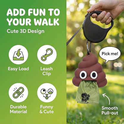 QMEAKMONY Dog Poop Bag Set with Funny 3D Poop Dispenser - 360 Bags (24 Rolls, 15 pcs/Roll), Scented Odor-Neutralizing, Hands-Free holder for Leash/Backpack, Meets Months of Use. (360 Counts)