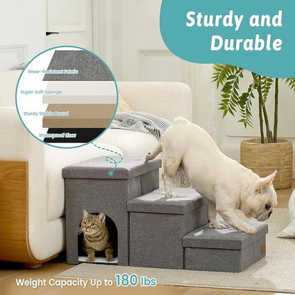 Dog Stairs with Storage, 3-Step Wider Sturdy Dog Steps for Small/Medium/Large Dogs and Older Cats, Doggie Ramp with Condo for Bed/Couch/Car Hold Up to 180 lbs (17.7" H, Grey)