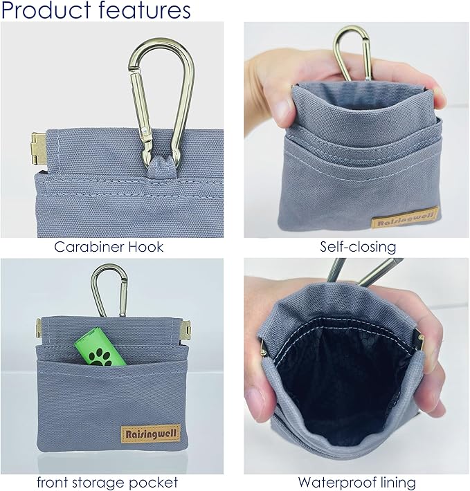Raisingwell Dog Treat Pouch, Small Cotton Pocket Sized Training Holder, Hand Free Walking Fanny Bag with Carabiner, Self-Closing Pet Feed Snack Reward, Behavior Aids for Puppy Travel or Outdoor (Grey)