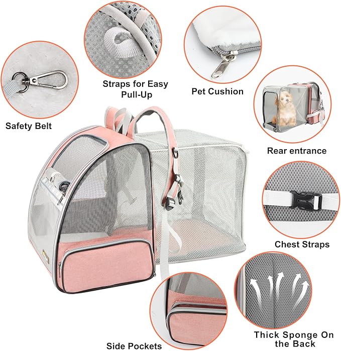 Texsens Innovative Traveler Bubble Backpack Pet Carriers for Cats and Dogs (Expandable-Pink)