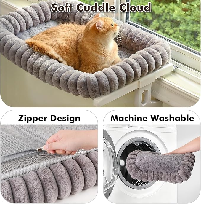 Cloud-Cuddle Cat Window Perch with 4-Sided Bolster, Zipper Design Cushion Window Seat for Window Sill, Sturdy Metal Frame & Easy Assembly Pet Hammock Bed for Indoor Cats (Gray, Medium)