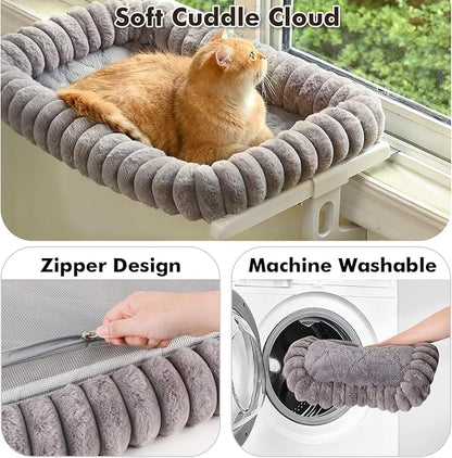 Cloud-Cuddle Cat Window Perch with 4-Sided Bolster, Zipper Design Cushion Window Seat for Window Sill, Sturdy Metal Frame & Easy Assembly Pet Hammock Bed for Indoor Cats (Gray, Medium)
