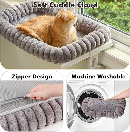Cloud-Cuddle Cat Window Perch with 4-Sided Bolster, Zipper Design Cushion Window Seat for Window Sill, Sturdy Metal Frame & Easy Assembly Pet Hammock Bed for Indoor Cats (Gray, Medium)