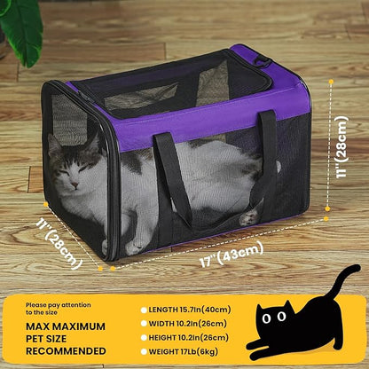 Cat Carrier Bag,Soft-Sided Pet Carriers for Dogs with 4-Sided Mesh,Airline Approved Cat Transport Carrier for Small&Medium Cats Kitten Puppy Up to 15LB,Collapsible Cat Travel Carrier-M,Purple
