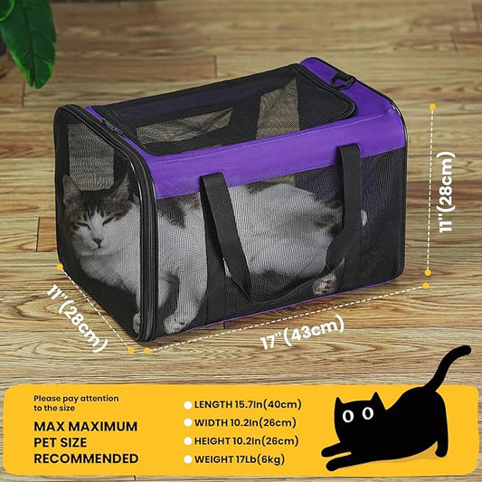 Cat Carrier Bag,Soft-Sided Pet Carriers for Dogs with 4-Sided Mesh,Airline Approved Cat Transport Carrier for Small&Medium Cats Kitten Puppy Up to 15LB,Collapsible Cat Travel Carrier-M,Purple