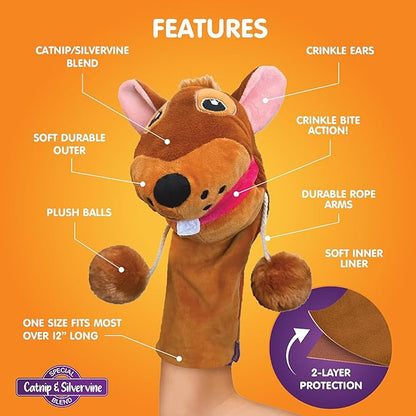 Pounce & Purr® Meow Mitt Wearable Cat Toy – Cat Wrestling Glove, “Chippy McGee” Plush Mitten with Catnip & Silvervine, Crinkle Sounds & Dangling Arms for Bonding Play with Cats & Kittens (Squirrel)
