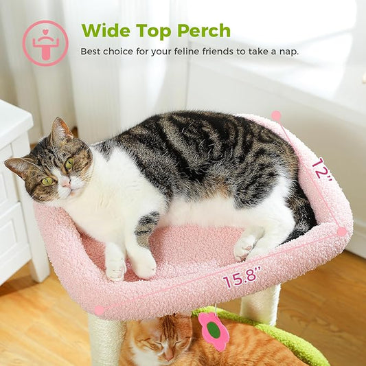 PEQULTI Cat Tree Flower Cat Tower for Indoor Cats with Private Cozy Cat Condo, Natural Sisal Scratching Posts and Plush Pom-pom for Small Cats, Pink