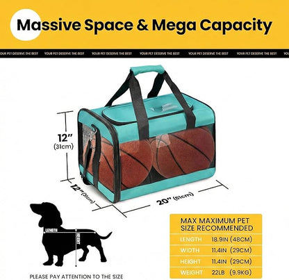 Dog Carrier Soft Sided, Large Cat Carrier with Inner Safety Leash, Pet Transport Carrier for Large Cats and Medium Dogs up to 20 Lbs, Collapsible Travel Puppy Carrier Bag -Turquoise L