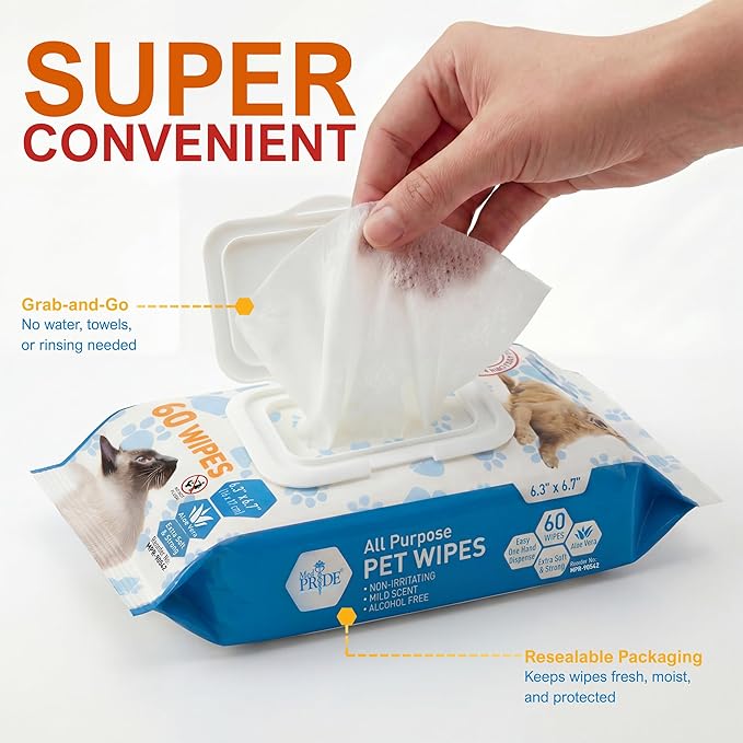 MED PRIDE Hypoallergenic Animal Wipes for Cats Bathing and Cleaning Fur, Extra Soft, Alcohol and Paraben Free, Aloe Vera Enriched (Pack of 60)